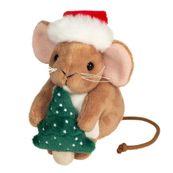 Weihnachtsmaus mit Tannenbaum braun sitzend aus Plüsch, Plüsch Maus 11 cm