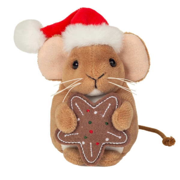 Weihnachtsmaus mit Keks braun sitzend aus Plüsch, Plüsch Maus 11 cm