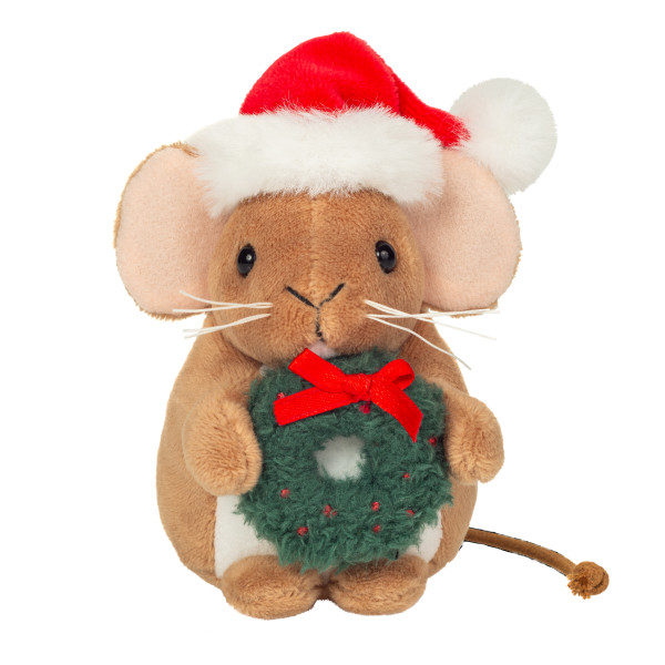 Weihnachtsmaus mit Kranz braun sitzend aus Plüsch, Plüsch Maus 11 cm