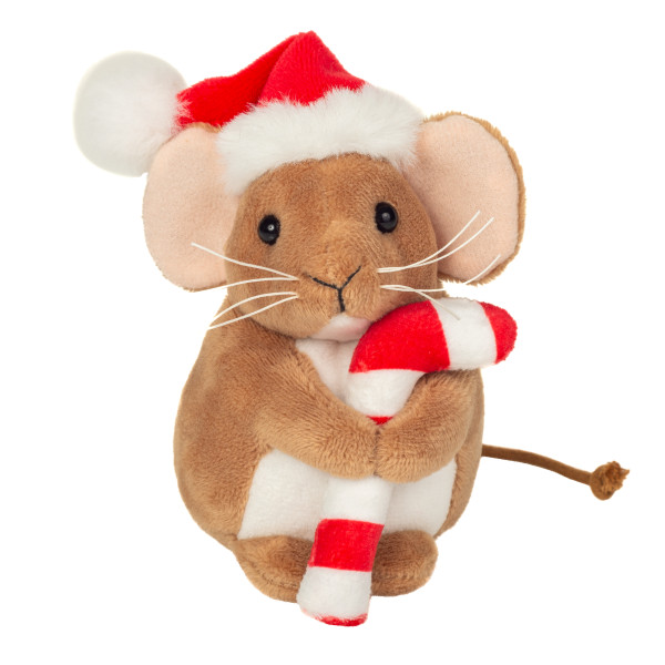 Weihnachtsmaus mit Zuckerstange braun sitzend aus Plüsch, Plüsch Maus 11 cm